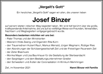 Traueranzeige von Josef Binzer von Memminger Zeitung
