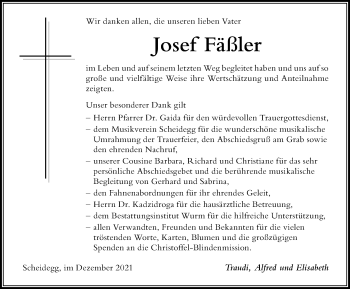 Traueranzeige von Josef Fäßler von Der Westallgäuer