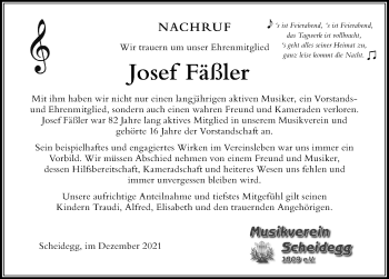 Traueranzeige von Josef Fäßler von Der Westallgäuer