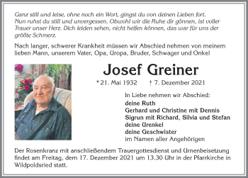Traueranzeige von Josef Greiner von Allgäuer Zeitung,Kempten
