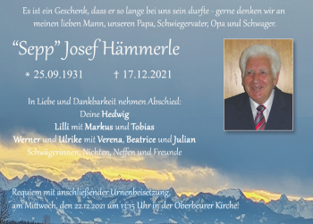 Traueranzeige von Josef Hämmerle von Allgäuer Zeitung, Kaufbeuren/Buchloe