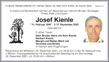 Traueranzeige von Josef Kienle von Memminger Zeitung