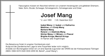 Traueranzeige von Josef Mang von Memminger Zeitung