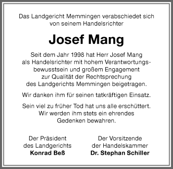 Traueranzeige von Josef Mang von Memminger Zeitung