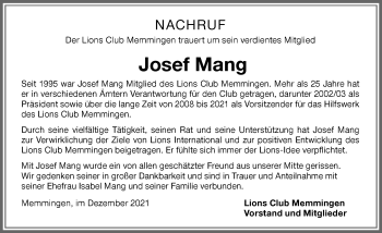 Traueranzeige von Josef Mang von Memminger Zeitung