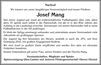 Traueranzeige von Josef Mang von Memminger Zeitung