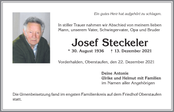 Traueranzeige von Josef Steckeler von Allgäuer Anzeigeblatt