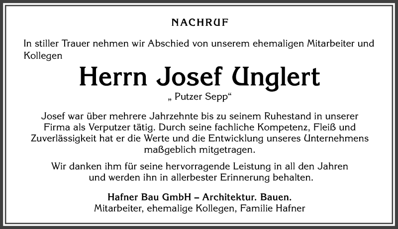  Traueranzeige für Josef Unglert vom 01.12.2021 aus Allgäuer Zeitung,Kempten