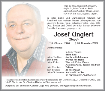 Traueranzeige von Josef Unglert von Allgäuer Zeitung,Kempten
