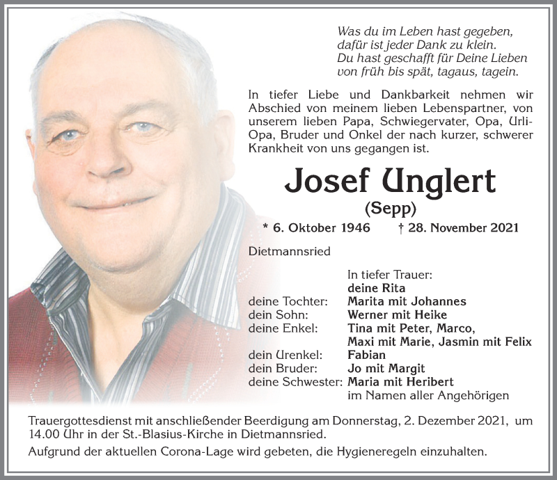  Traueranzeige für Josef Unglert vom 01.12.2021 aus Allgäuer Zeitung,Kempten