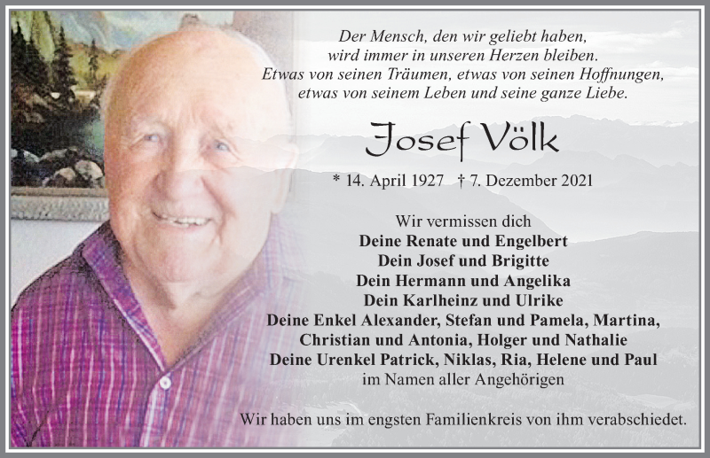  Traueranzeige für Josef Völk vom 21.12.2021 aus Allgäuer Zeitung, Füssen