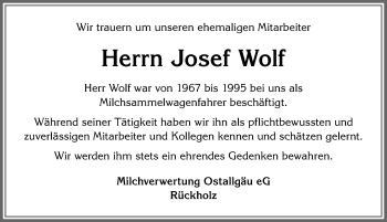 Traueranzeige von Josef Wolf von Allgäuer Zeitung, Füssen