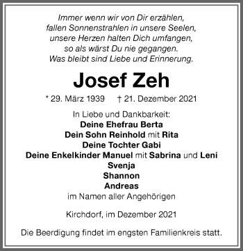 Traueranzeige von Josef Zeh von Memminger Zeitung