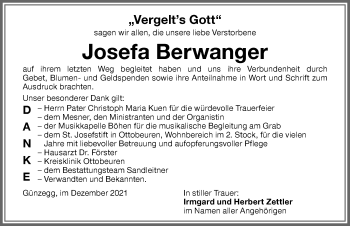 Traueranzeige von Josefa Berwanger von Memminger Zeitung