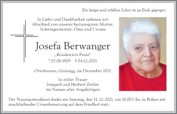Traueranzeige von Josefa Berwanger von Memminger Zeitung