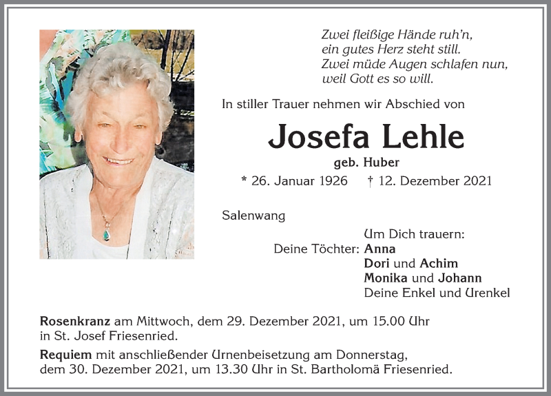  Traueranzeige für Josefa Lehle vom 27.12.2021 aus Allgäuer Zeitung, Kaufbeuren/Buchloe