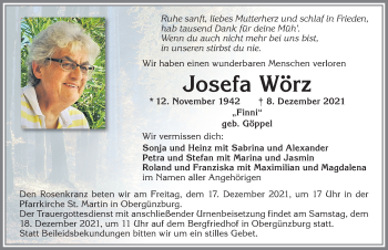 Traueranzeige von Josefa Wörz von Allgäuer Zeitung, Marktoberdorf