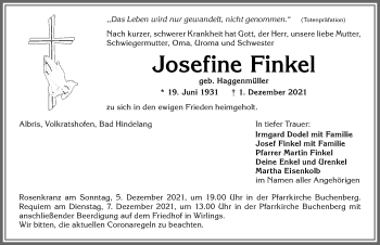 Traueranzeige von Josefine Finkel von Memminger Zeitung