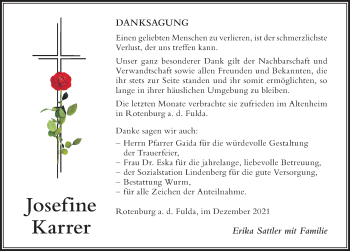 Traueranzeige von Josefine Karrer von Der Westallgäuer
