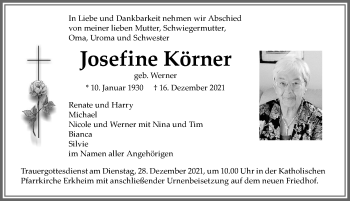 Traueranzeige von Josefine Körner von Memminger Zeitung