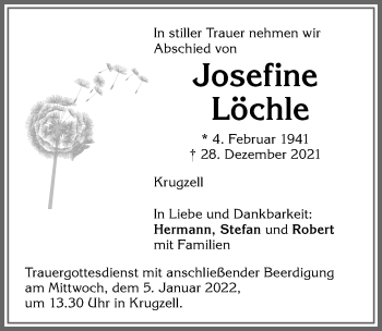 Traueranzeige von Josefine Löchle von Allgäuer Zeitung,Kempten