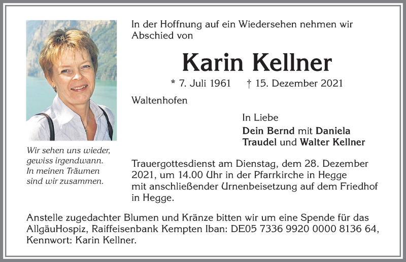  Traueranzeige für Karin Kellner vom 27.12.2021 aus Allgäuer Zeitung,Kempten