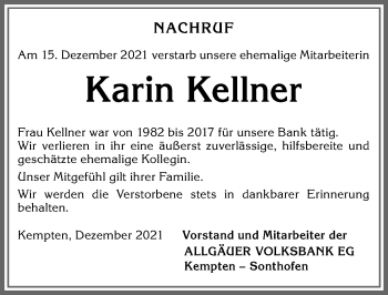Traueranzeige von Karin Kellner von Allgäuer Zeitung,Kempten