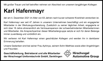 Traueranzeige von Karl Hafenmayr von Allgäuer Zeitung, Kaufbeuren/Buchloe