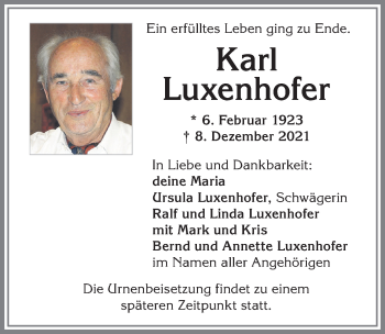 Traueranzeige von Karl Luxenhofer von Allgäuer Zeitung,Kempten