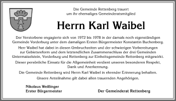 Traueranzeige von Karl Waibel von Allgäuer Anzeigeblatt