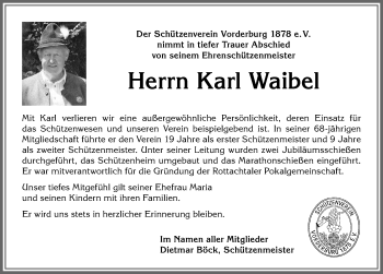 Traueranzeige von Karl Waibel von Allgäuer Anzeigeblatt