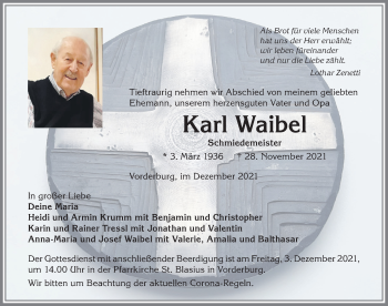 Traueranzeige von Karl Waibel von Allgäuer Zeitung,Kempten