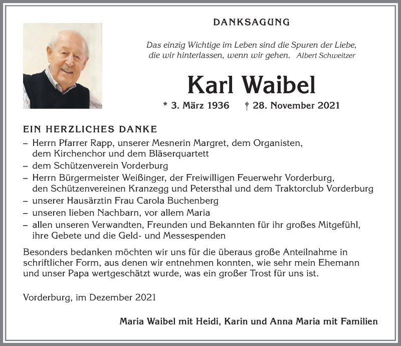  Traueranzeige für Karl Waibel vom 18.12.2021 aus Allgäuer Anzeigeblatt