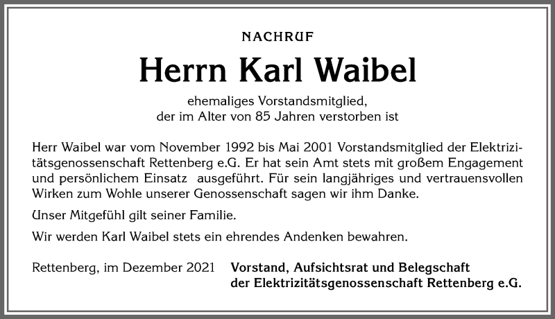  Traueranzeige für Karl Waibel vom 01.12.2021 aus Allgäuer Anzeigeblatt