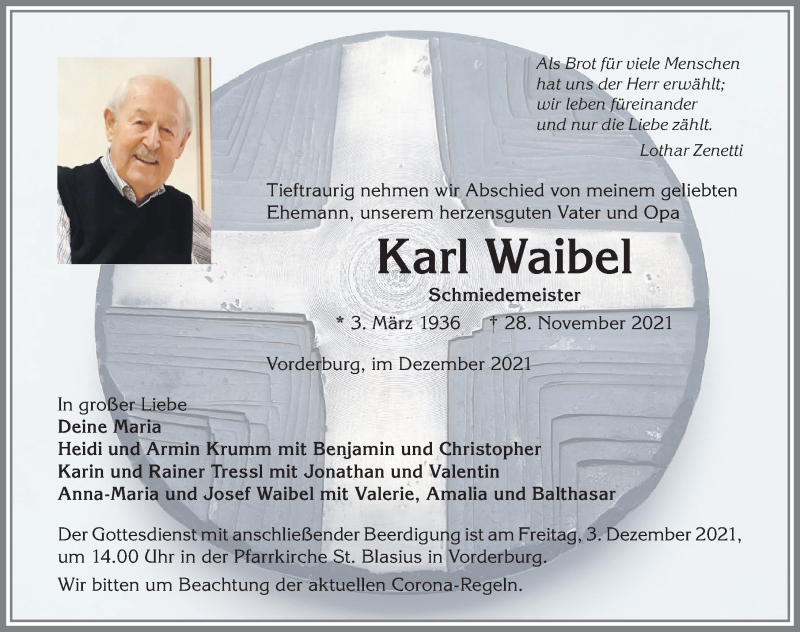  Traueranzeige für Karl Waibel vom 01.12.2021 aus Allgäuer Zeitung,Kempten