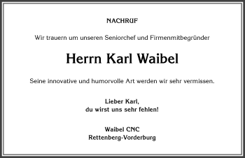 Traueranzeige von Karl Waibel von Allgäuer Zeitung,Kempten