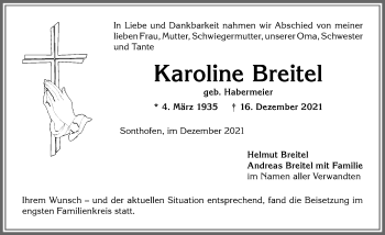 Traueranzeige von Karoline Breitel von Allgäuer Anzeigeblatt