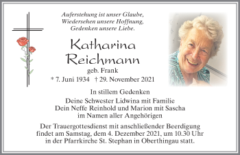 Traueranzeige von Katharina Reichmann von Allgäuer Zeitung, Marktoberdorf