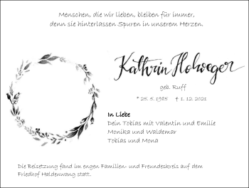 Traueranzeige von Kathrin Holweger von Allgäuer Zeitung,Kempten