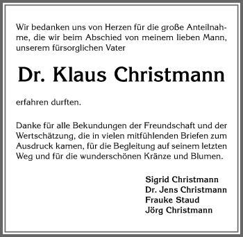 Traueranzeige von Klaus Christmann von Allgäuer Anzeigeblatt
