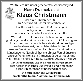 Traueranzeige von Klaus Christmann von Allgäuer Anzeigeblatt