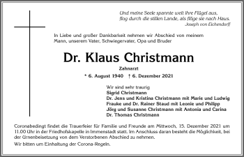 Traueranzeige von Klaus Christmann von Allgäuer Anzeigeblatt