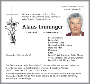 Traueranzeige von Klaus Imminger von Allgäuer Anzeigeblatt