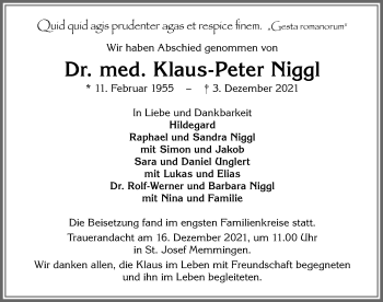 Traueranzeige von Klaus-Peter Niggl von Memminger Zeitung