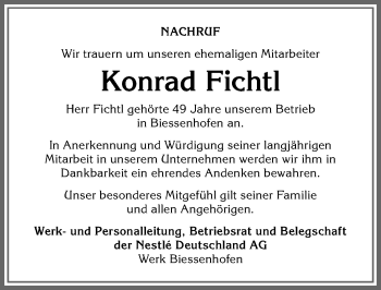 Traueranzeige von Konrad Fichtl von Allgäuer Zeitung, Kaufbeuren/Buchloe