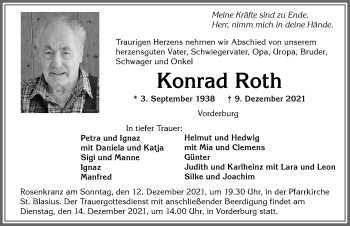 Traueranzeige von Konrad Roth von Allgäuer Anzeigeblatt
