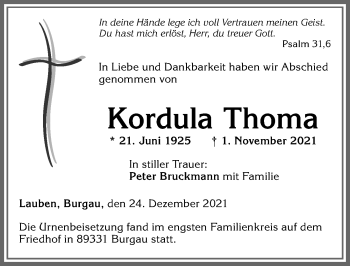 Traueranzeige von Kordula Thoma von Allgäuer Zeitung,Kempten