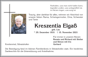 Traueranzeige von Kreszentia Elgaß von Allgäuer Anzeigeblatt