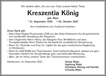 Traueranzeige von Kreszentia König von Memminger Zeitung