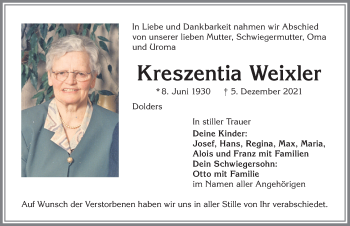 Traueranzeige von Kreszentia Weixler von Allgäuer Zeitung,Kempten